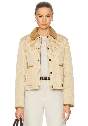 Burberry Cropped Quilted Jacket in Flax & Sand Ip Check - Tan. Size L (also in M, S).