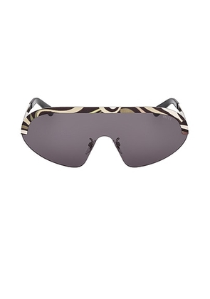 Emilio Pucci Shield Sunglasses in Shiny Palladium  Khaki Marmo  & Smoke - Grey. Size all.
