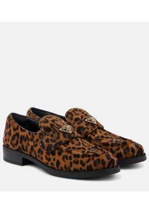 Prada Logo leopard-print calf hair loafers