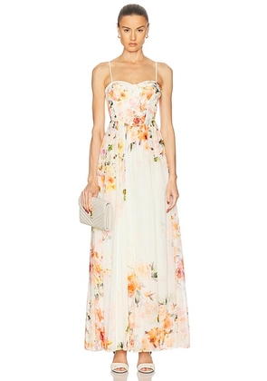 HEMANT AND NANDITA Saba Corseted Long Dress in Ivory Floral - Cream,Peach. Size L (also in S, XL).