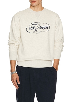 Beams Plus Sweat Crew Print in Oatmeal - Cream. Size L (also in M, S, XL).
