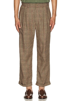 Beams Plus 2 Pleats Trousers in Glen Plaid Pen Stripe - Brown. Size L (also in M, XL).