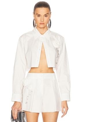 AREA Crystal Rosette Poplin Cropped Shirt in Off White - Ivory. Size 4 (also in ).