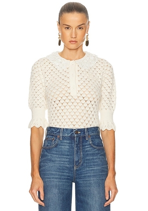 Chloe Silk Cotton Pointelle Short Sleeve Sweater in Iconic Milk - Cream. Size L (also in M, S).