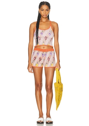 Akoia Swim Ariya Batik Short Set in Batik With Crochet - Beige,Rust. Size L (also in M, S, XS).