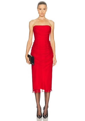 Carolina Herrera Strapless Draped Midi Dress in Herrera Red - Red. Size 0 (also in 6).