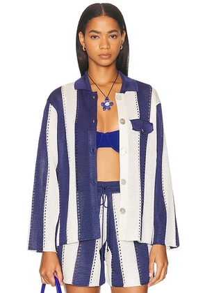 Calle Del Mar Cabana Stripe Long Sleeve Shirt in Navy & Natural - Blue,White. Size M (also in S).