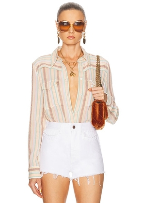Chloe Button Down Long Sleeve Top in Multicolor White - Peach,Ivory. Size 34 (also in 36, 42).