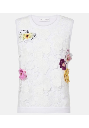 Oscar de la Renta Lace-trimmed floral-applique cotton-blend top