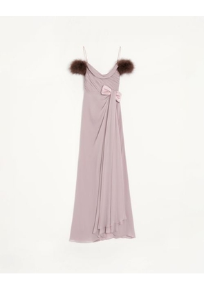 Valentino Long Dress in Light Georgette with Feathers Woman LILAC 48