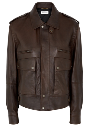 Saint Laurent - Women's Brown High-neck Leather Jacket - Size 12, Slouchy Relaxed Fit & Dropped Shoulders