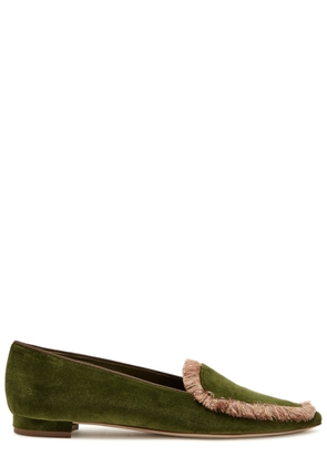 Manolo Blahnik Agofran Fringed Velvet Loafers - Green - 37 (IT37 / UK4)