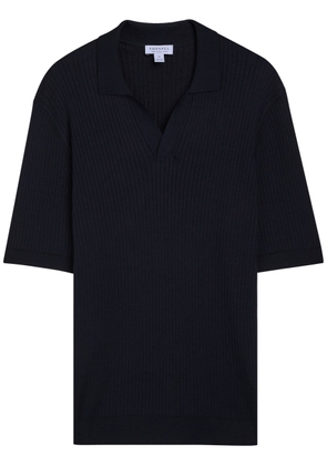 Sunspel Ribbed-knit Silk-blend Polo Shirt - Navy - XL