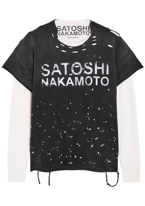 Satoshi Nakamoto Luke Printed and Distressed Long Sleeve Cotton T-shirt - Black - M