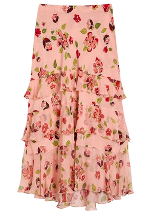 Rixo Preslee Floral Ruffled Silk-chiffon Midi Skirt - Pink - 12 (UK12 / M)