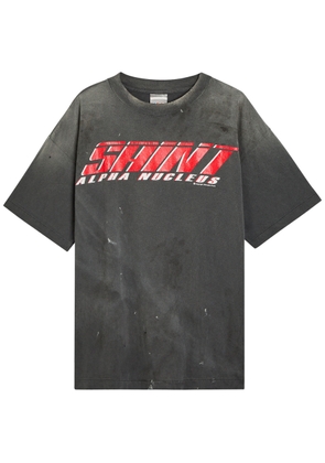 Saint Mxxxxxx Alpha Nucleus Printed Distressed Cotton T-shirt - Black - L