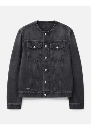 Washed Denim Collarless Jacket