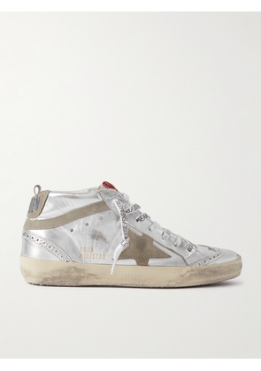 Golden Goose - Mid Star Distressed Suede-trimmed Metallic Leather Sneakers - Silver - IT35,IT36,IT37,IT38,IT39,IT40,IT41,IT42