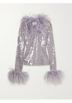 16ARLINGTON - Pendall Feather-trimmed Sequined Stretch-tulle Top - Purple - UK 6,UK 8,UK 10,UK 12,UK 14,UK 16