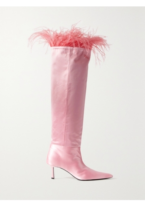 ALEXANDER WANG - Viola Feather-trimmed Satin Over-the-knee Boots - Pink - IT35,IT35.5,IT36,IT36.5,IT37,IT37.5,IT38,IT38.5,IT39,IT39.5,IT40,IT40.5,IT41