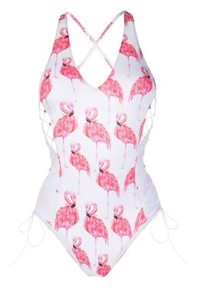 Noire Swimwear Flamingo print lace-up one-piece - White
