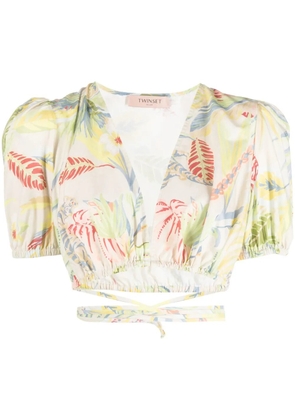 TWINSET floral-print wraparound cropped top - Neutrals