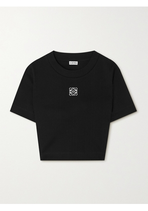 LOEWE - Anagram Cropped Embroidered Ribbed Cotton T-shirt - Black - x small,small,medium,large,x large