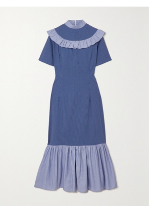 SINDISO KHUMALO - + The Vanguard Miss Gee Ruffled Pinstriped Cotton-poplin Midi Dress - Blue - UK 6,UK 8,UK 10,UK 12,UK 14