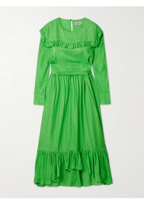 PREEN BY THORNTON BREGAZZI - Iris Belted Ruffled Satin-jacquard Midi Dress - Green - x small,small,medium,large,x large