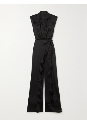 DAVID KOMA - Ruffled Satin Wrap Gown - Black - UK 6,UK 8,UK 10,UK 12,UK 14