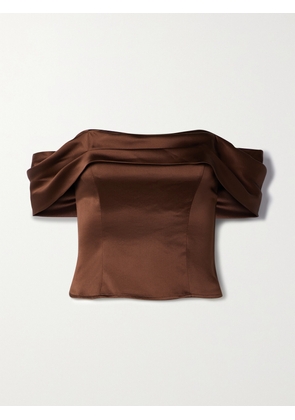REFORMATION - Lux Off-the-shoulder Pleated Silk-satin Top - Brown - US0,US2,US4,US6,US8,US10