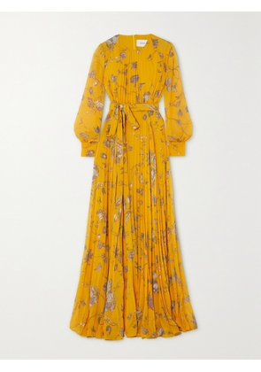 Erdem - Belted Pleated Floral-print Voile Gown - Yellow - UK 6,UK 8,UK 10,UK 12,UK 14,UK 16,UK 18,UK 20