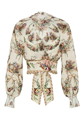 Camilla pleated-frill wrap top - Neutrals