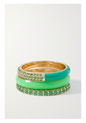 FRY POWERS - Set Of Three 14-karat Gold, Enamel And Tsavorite Rings - Green - 5,6,7