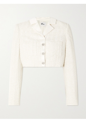Self-Portrait - Cropped Embellished Satin-trimmed Metallic Bouclé-tweed Blazer - White - UK 4,UK 6,UK 8,UK 10,UK 12,UK 14