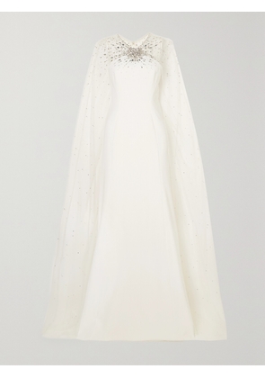 Jenny Packham - Cape-effect Embellished Tulle And Crepe Gown - White - UK 6,UK 8,UK 10,UK 12,UK 14,UK 16,UK 18
