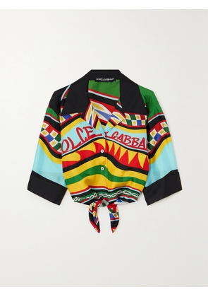Dolce & Gabbana - Cropped Tie-detailed Printed Silk-twill Shirt - Blue - IT36,IT38,IT40,IT42,IT44,IT46,IT48,IT50