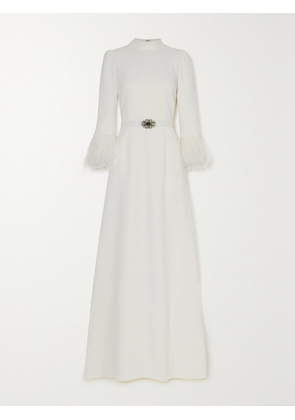 ANDREW GN - Belted Crystal And Feather-embellished Crepe Gown - Off-white - FR 34,FR 36,FR 38,FR 40,FR 42,FR 44,FR 46