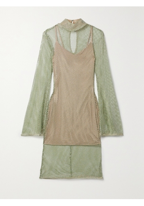 PATBO - Crystal-embellished Stretch-mesh Mini Dress - Green - US0,US2,US4,US6,US8,US10,US12