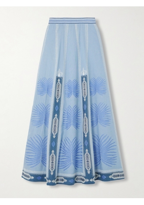 Emporio Sirenuse - Camille Chios Embroidered Linen And Cotton-blend Midi Skirt - Blue - IT38,IT40,IT42,IT44,IT46,IT48,IT50