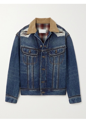 Maison Margiela - Corduroy-trimmed Distressed Denim And Checked Wool Jacket - Blue - IT38,IT40,IT42,IT44