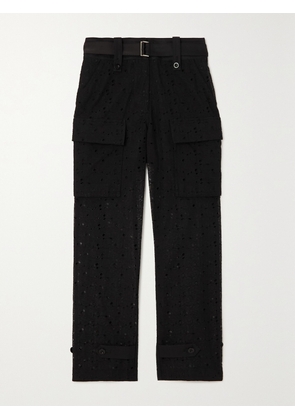 Sacai - Sacai Belted Cotton-blend Broderie Anglaise Straight-leg Pants - Black - 01,2,3,4