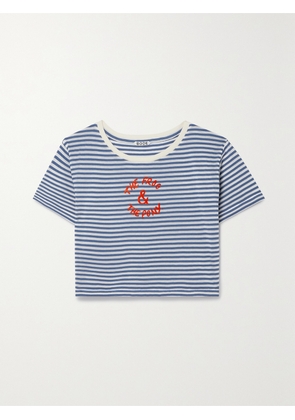 BODE - Frog And Pony Cropped Flocked Striped Cotton-blend T-shirt - Blue - x small,small,medium,large,x large