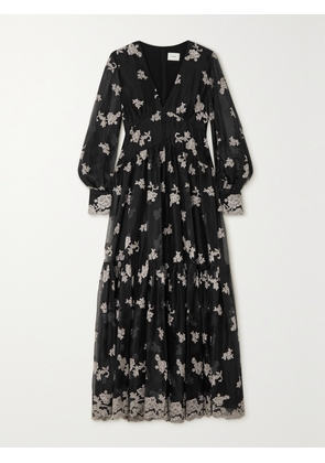 Erdem - Tabetha Tiered Embroidered Silk-organza Maxi Dress - Black - UK 6,UK 8,UK 10,UK 12,UK 14,UK 16,UK 18,UK 20,UK 22