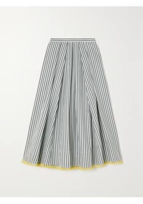 Rosie Assoulin - Pleated Lace-trimmed Striped Cotton-poplin Midi Skirt - Green - US0,US2,US4,US6,US8,US10,US12