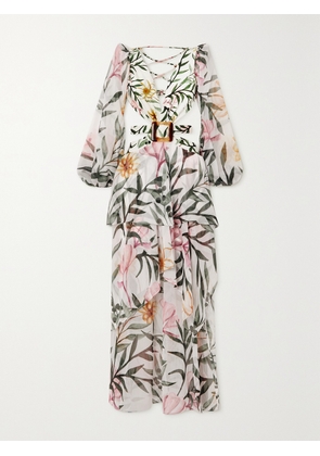 PATBO - Cutout Belted Printed Chiffon Maxi Dress - White - x small,small,medium,large,x large