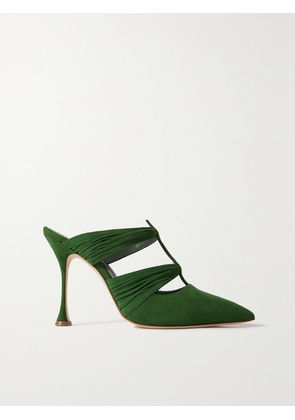 Manolo Blahnik - Kerua 105 Cutout Gathered Suede Mules - Green - IT35,IT36,IT36.5,IT37,IT37.5,IT38,IT38.5,IT39,IT39.5,IT40,IT40.5,IT41,IT41.5,IT42