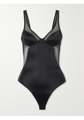 Spanx - Shaping Mesh-trimmed Stretch-satin Thong Bodysuit - Black - XS,S,M,L,XL,2XL,3XL