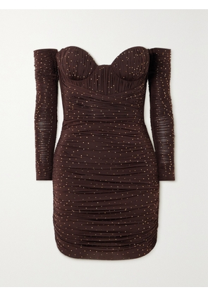 Alex Perry - Koda Ruched Crystal-embellished Stretch-jersey Mini Dress And Gloves Set - Brown - UK 4,UK 6,UK 8,UK 10,UK 12,UK 14,UK 16