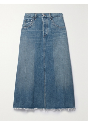 Citizens of Humanity - + Net Sustain Raian Frayed Paneled Organic Denim Midi Skirt - Blue - 23,24,25,26,27,28,29,30,31,32